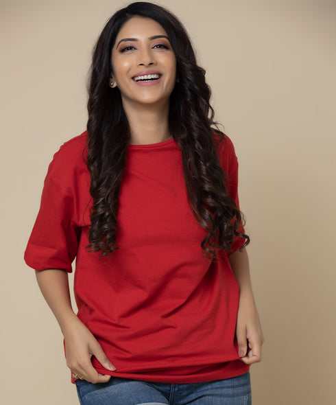 Red Solid Drop Shoulder Tshirt